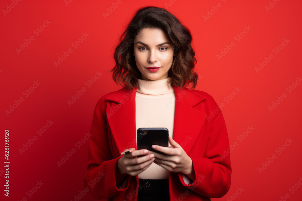 woman with phone on red background. AI Generated woman with phone on red background. AI Generated