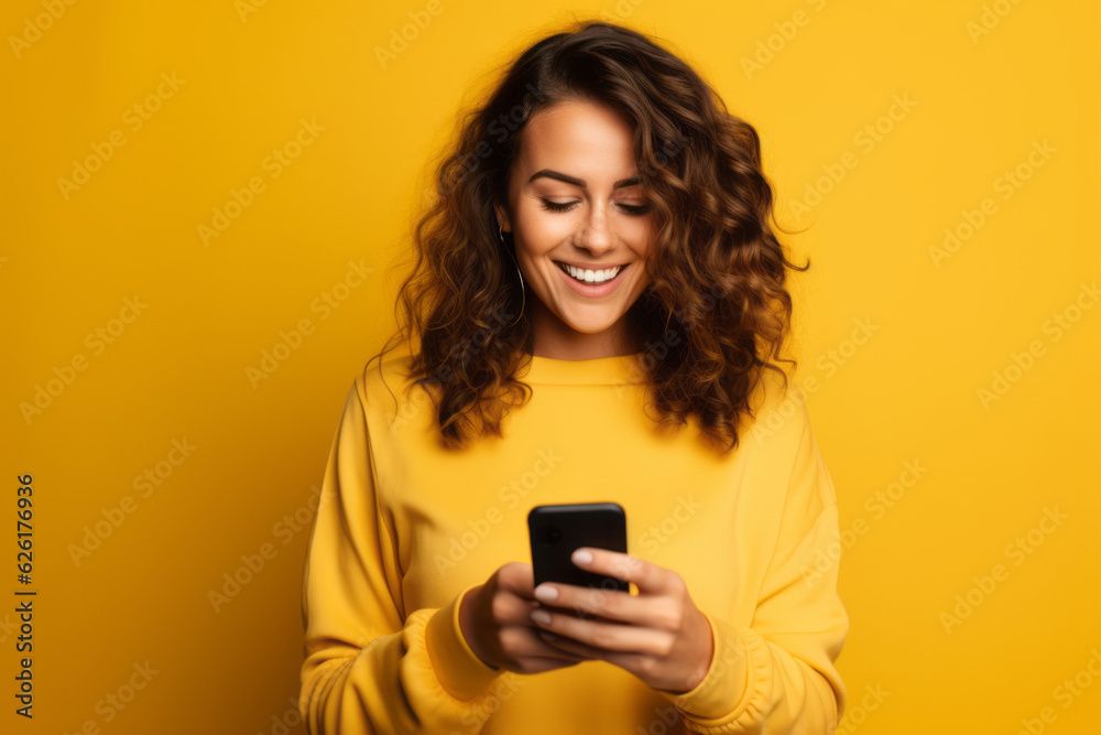 woman with phone on yellow background . AI Generated - obrazy, fototapety, plakaty 