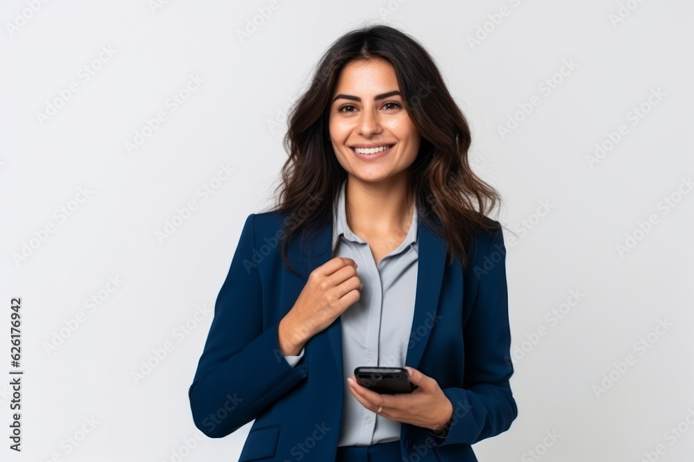 woman with phone on white background. AI Generated woman with phone on white background. AI Generated