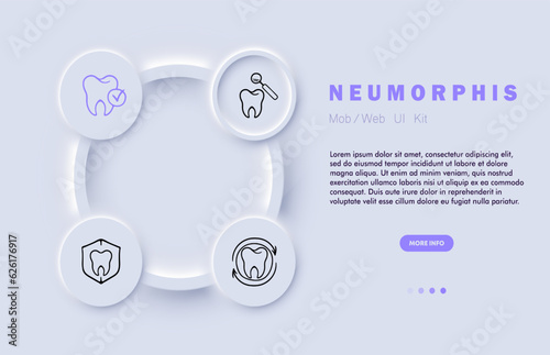 Dental treatment line icon. Caries, enamel, dentist, veneers, bleaching, inflamed roots. Neomorphism steyle. Vector line icon