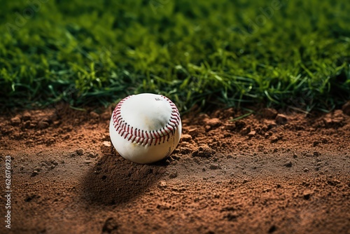 Viewing a White Baseball in Dirt on Grassy Track. Photo generative AI