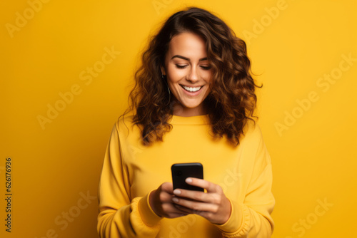 Fotomurale woman with phone on yellow background . AI Generated
