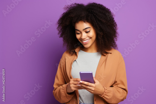 Leinwand Poster woman with phone on purple background . AI Generated