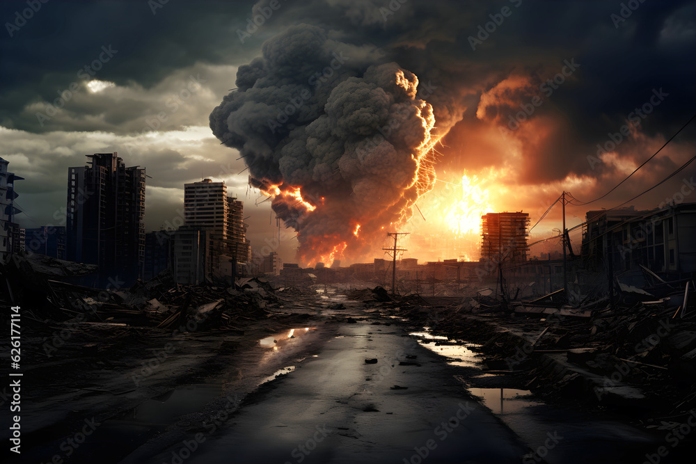 apocalypse city ruins landscape sunset fire and smoke on horizon