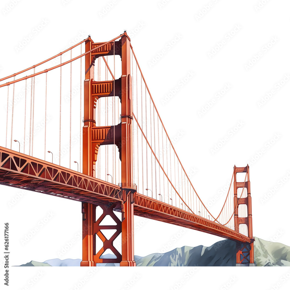 Obraz premium Generative AI : Watercolour, Golden Gate Bridge, San Francisco, California, Cityscape, Illustration, Artistic, Landmark, Architecture, Watercolor, Skyline, Bay Area, Urban, City, Painting, Aesthetic, 