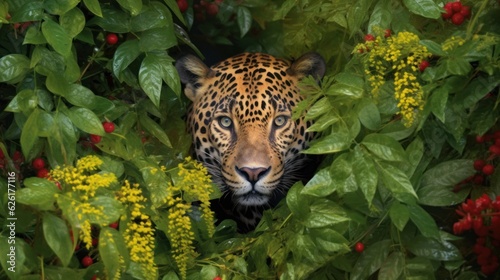 wild jaguar crowling in a dense lush tropical jungles, ai tools generated image photo