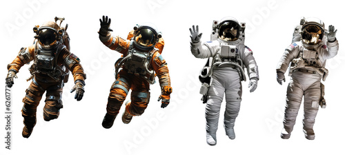 collection of astronaut flying in outer space. Spacemen isolated on transparent background