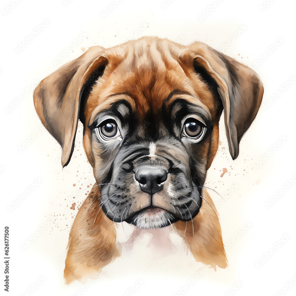 Generative AI : Adorable Watercolor boxer on White