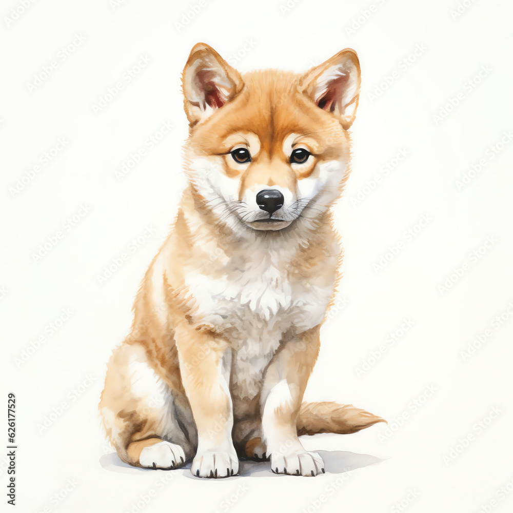 Generative AI : Playful Shiba: A Cute Watercolor Dog on a White Background Generative AI : Playful Shiba: A Cute Watercolor Dog on a White Background
