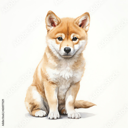 Generative AI : Playful Shiba: A Cute Watercolor Dog on a White Background © The Little Hut