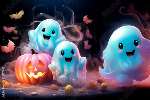 Leinwand Poster Cute Halloween ghosts with beautiful kind pumpkins in delicate colors