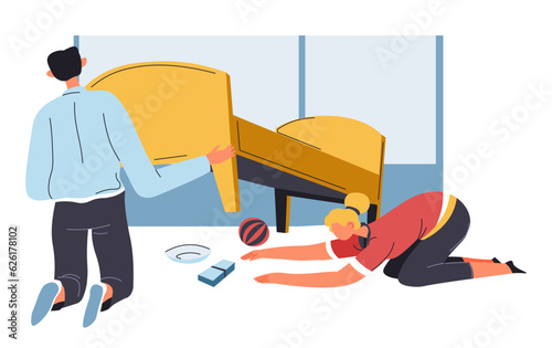 Man and woman cleaning floor under sofa vector