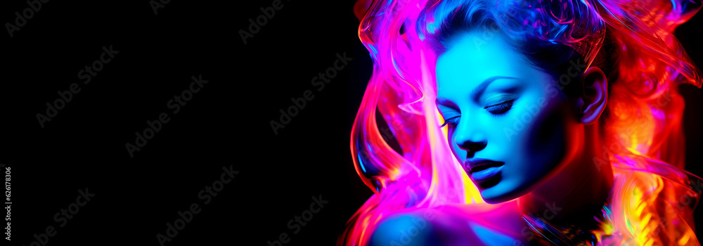 Fashion model woman face with fantasy art make-up. Bold makeup, glance Fashion art portrait, incorporating neon colors. Advertising design for cosmetics, beauty salon. Banner. Generative Ai content. Fashion model woman face with fantasy art make-up. Bold makeup, glance Fashion art portrait, incorporating neon colors. Advertising design for cosmetics, beauty salon. Banner. Generative Ai content.