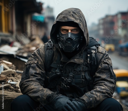 Gas mask man in a dystopian world. Generative AI © Alex
