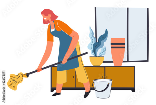Housewife mopping floor with wet wipe and water