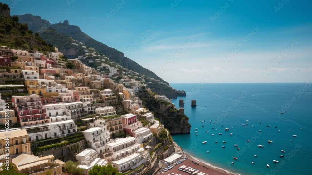 Panorama of Positano town and Amalfi Coast in Italy, Generative AI