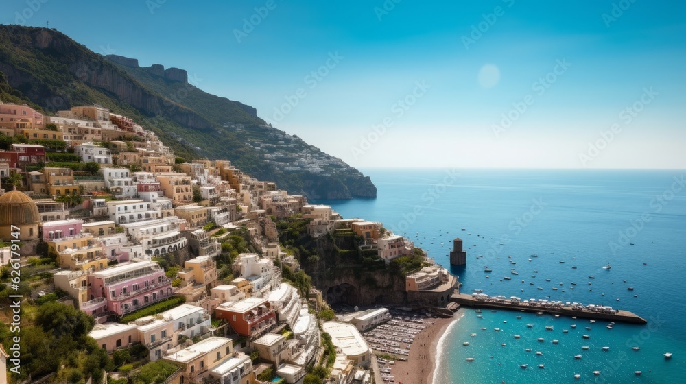 Panorama of Positano town and Amalfi Coast in Italy, Generative AI