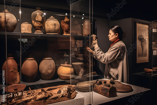 A museum curator arranging and displaying artifacts in an exhibition, preserving and sharing cultural heritage. Generative AI photo