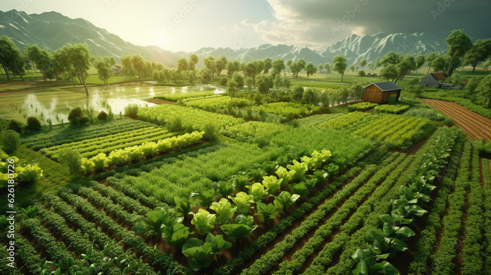 Sustainable Agriculture: Depicting organic farming practices, crop rotation, and integrated pest management, which reduce the environmental impact of agriculture