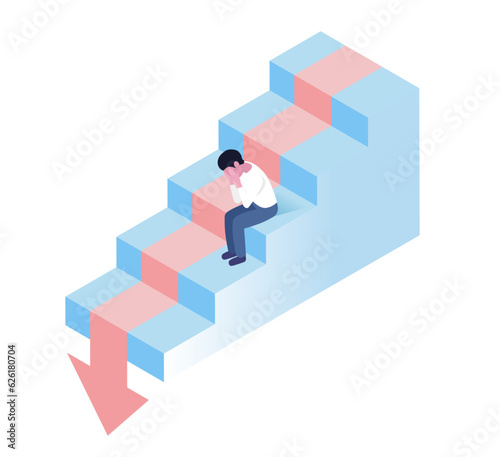 isometric illustration of business person down the stairs