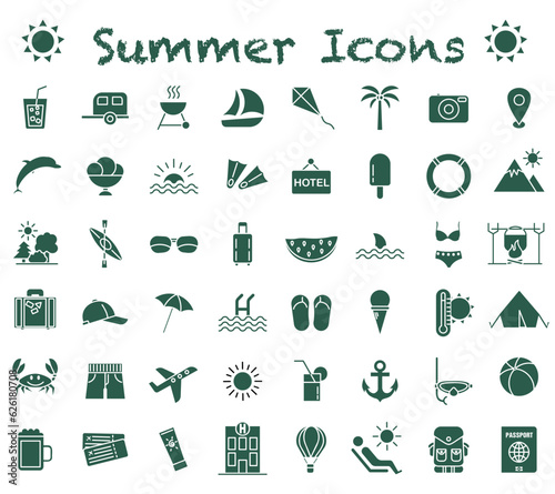 Summer icon. Dark green  full icons. Tourism symbol. Vector illustration.