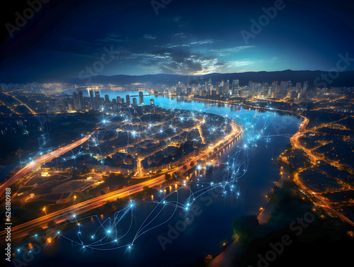 Smart city abstract points connect with network lines, big data connection technology concept. Generative AI.