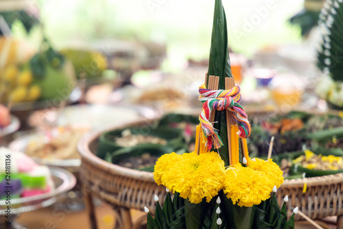 Принти на полотні Multicolor holy thread with flower to be used in Thai rite of worship ceremony
