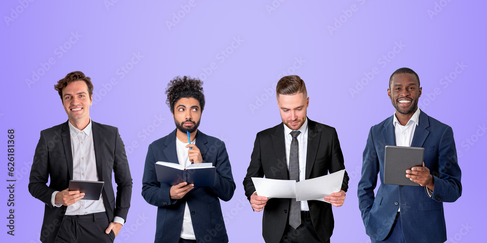 Group of diverse businessmen with gadgets and documents