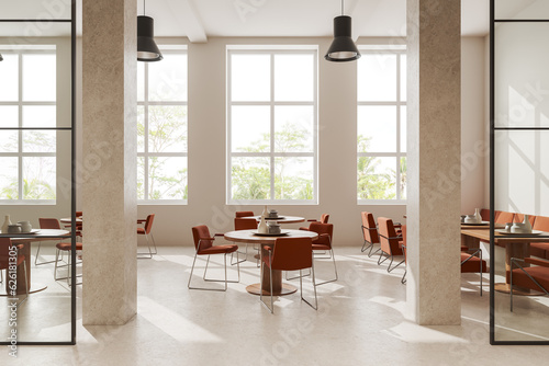 White cafe interior with sofa and glass partition