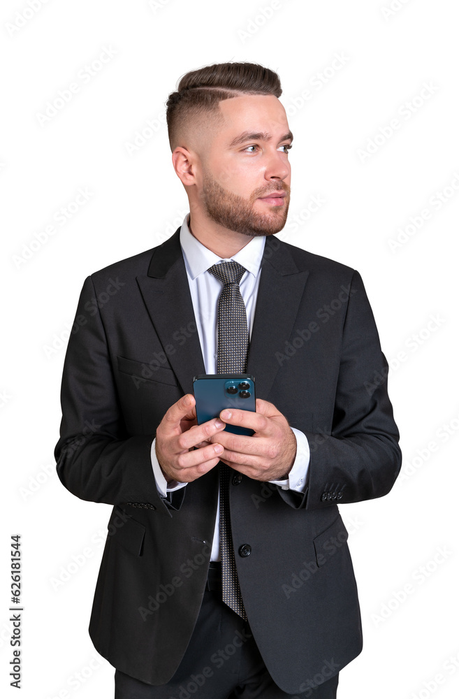 Businessman with smartphone in hands, portrait isolated over white background Businessman with smartphone in hands, portrait isolated over white background