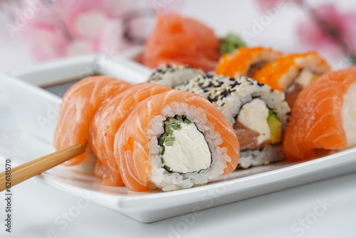 Japanese traditional Cuisine - Set of Nigiri sushi and sushi rolls