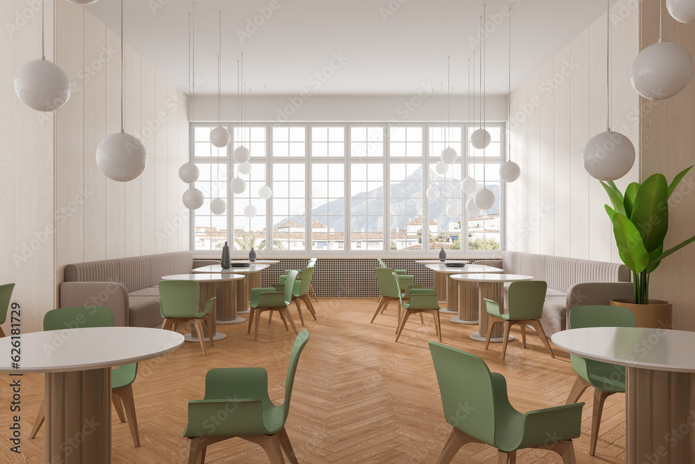 Fototapeta premium White and wooden cafe interior with round tables and sofas