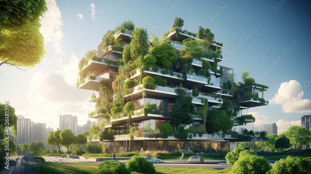 Eco-Friendly Buildings: Depicting green buildings with energy-efficient designs, renewable energy integration, and sustainable materials