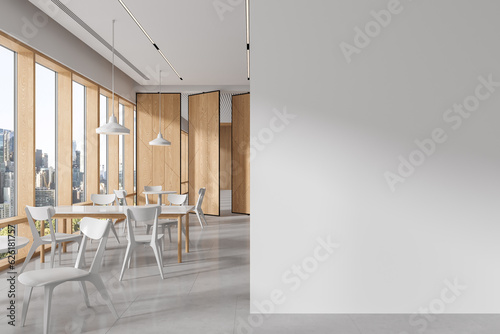White and wooden office canteen interior with blank wall