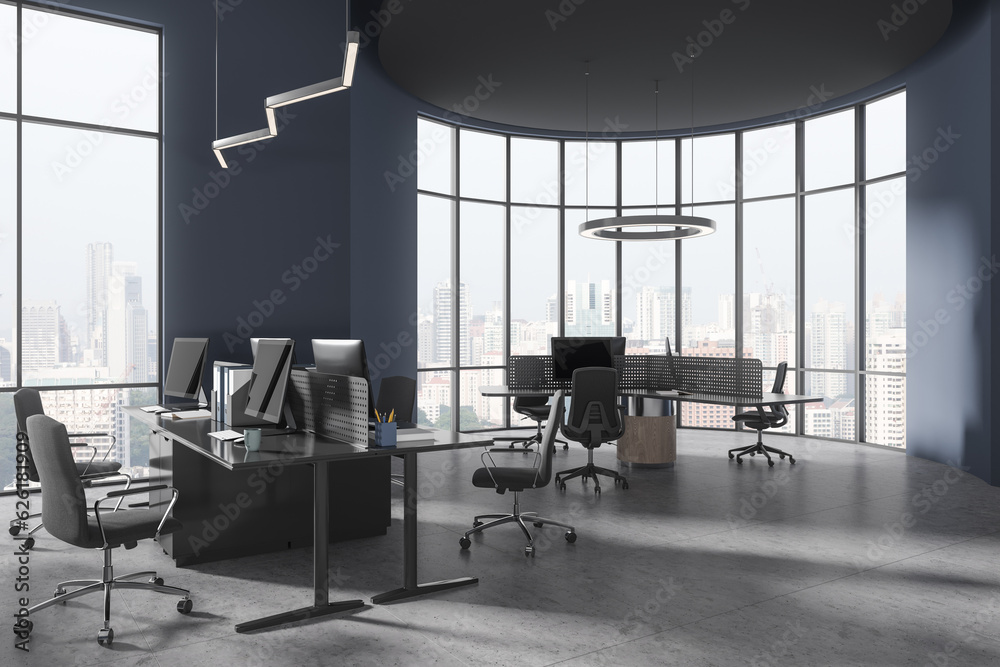 Blue open space office interior with round table