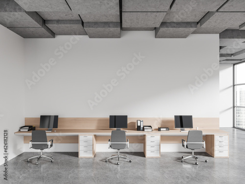 Fototapeta Naklejka Na Ścianę i Meble -  Stylish workplace interior with chairs and table, panoramic window. Mock up