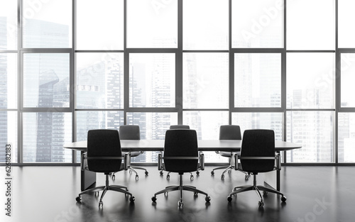 Panoramic office meeting room interior with gray chairs