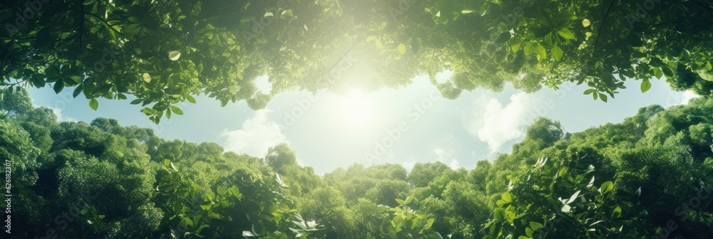 Sun shining through the trees banner and wallpaper background. Generative AI