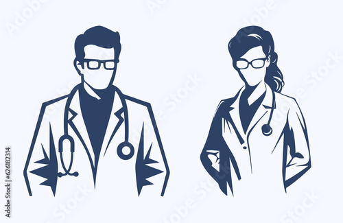 Man and woman doctors wearing glasses silhouettes Vector