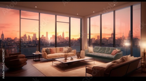 Concept art illustration of apartment living room interior in New York city, Generative AI
