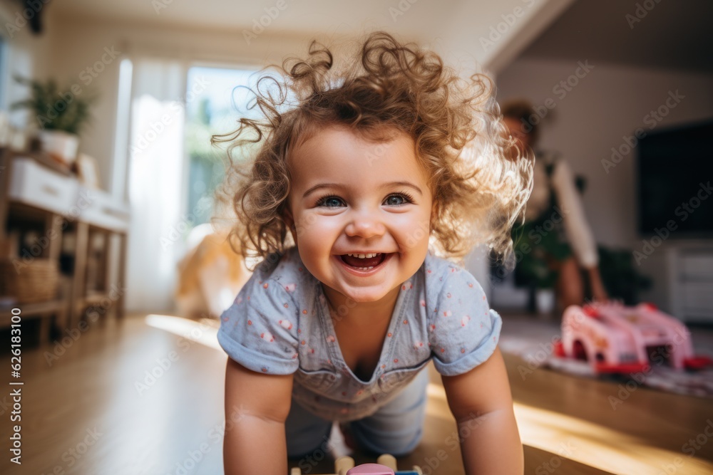 Happy parents having fun with their daughter while pushing her in a cardboard box at their new home. Happy parents having fun with their daughter while pushing her in a cardboard box at their new home.