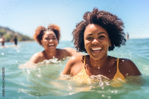 two young smiling African American woman having a bath in the beach, AI generatedAI generated, AI generated © XC Stock