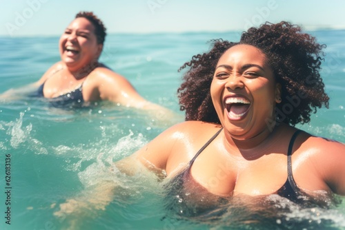 two young smiling African American woman having a bath in the beach, AI generatedAI generated, AI generated, AI generated