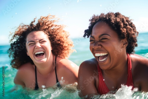 two young smiling woman having a bath in the beach, AI generatedAI generated AI generated