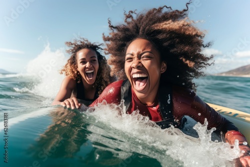 two young smiling African American  woman surfing  in the beach, AI generatedAI generated, AI generated photo