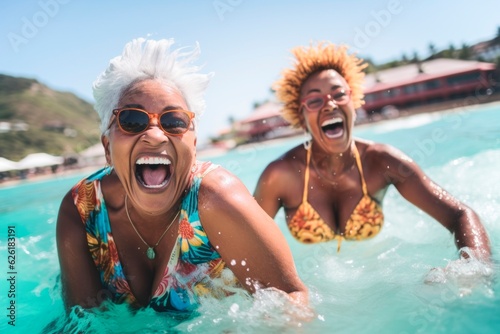 two senior  smiling African American woman having a bath in the beach, AI generatedAI generated, AI generatedAI generated © XC Stock