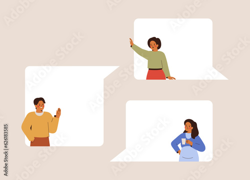 Business People talk or speak via online messages. Man and women chatting via speech bubbles. Web meeting between friends or colleagues. Corporate communication concept. Vector illustration