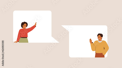 eople talk or speak via online messages. Man and woman chatting via speech bubbles. Dialogue between friends or colleagues. Corporate communication concept. Vector illustration