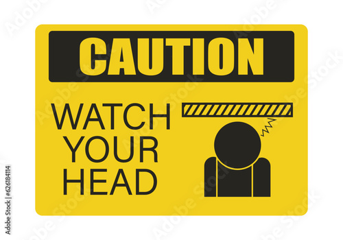 Printable black yellow safety safety sign mind your head, low up ceiling caution, head lowering instruction, drop hazard with illustration man walking with head hit low ceiling