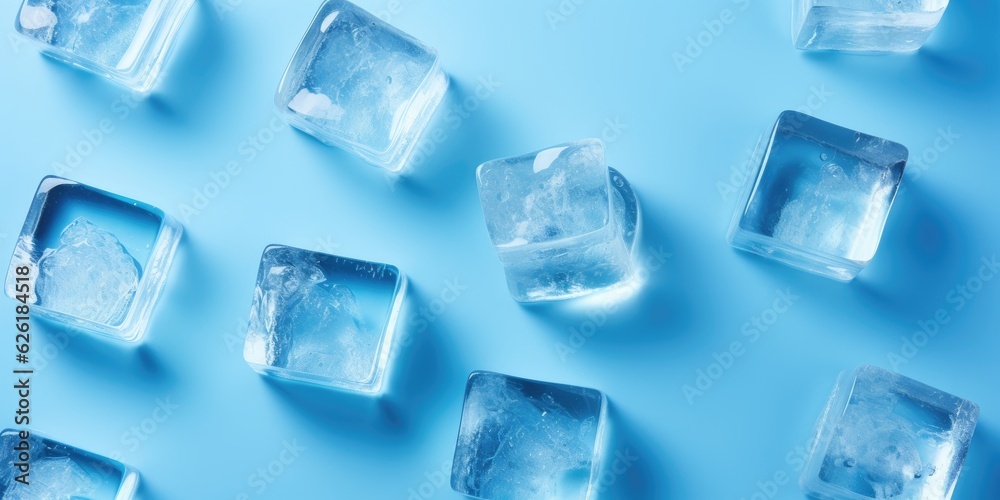 Frozen ice cubes on blue background with copy space. Frozen ice cubes on blue background with copy space.
